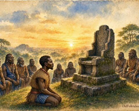 Parchment style illustration of a humble Luba prince kneeling before the sacred stone throne surrounded by village chiefs.