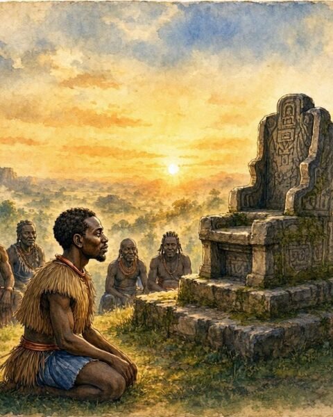 Parchment style illustration of a humble Luba prince kneeling before the sacred stone throne surrounded by village chiefs.
