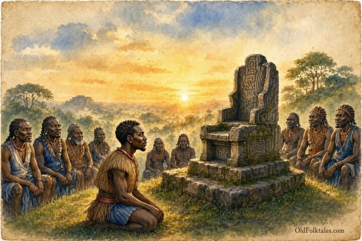 Parchment style illustration of a humble Luba prince kneeling before the sacred stone throne surrounded by village chiefs.