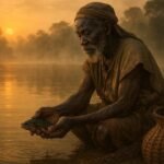 An elderly BaAka fisherman releases a small fish into the Sangha River at sunrise, symbolizing respect for nature and sustainable fishing traditions.