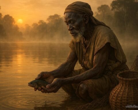 An elderly BaAka fisherman releases a small fish into the Sangha River at sunrise, symbolizing respect for nature and sustainable fishing traditions.