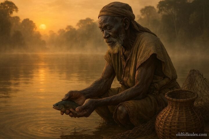 An elderly BaAka fisherman releases a small fish into the Sangha River at sunrise, symbolizing respect for nature and sustainable fishing traditions.