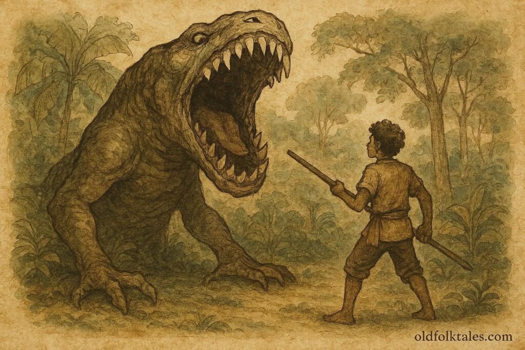 Parchment-style illustration of a giant swallowing monster confronting a brave villager in a Seychellois forest.
