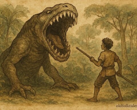 Parchment-style illustration of a giant swallowing monster confronting a brave villager in a Seychellois forest.