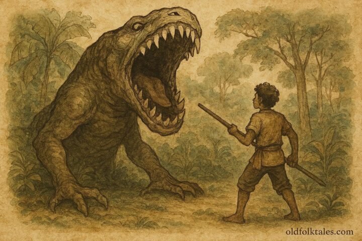 Parchment-style illustration of a giant swallowing monster confronting a brave villager in a Seychellois forest.