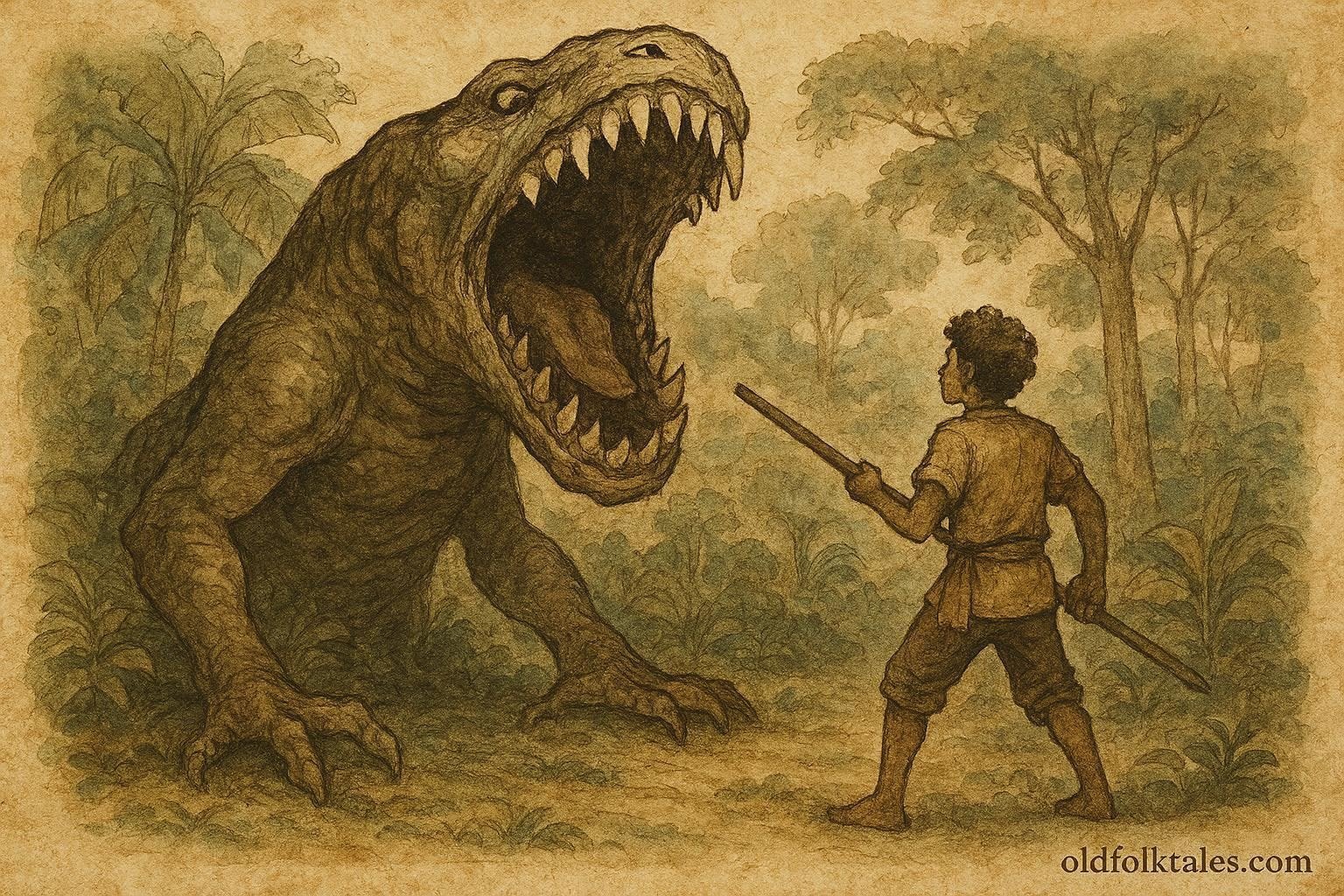 Parchment-style illustration of a giant swallowing monster confronting a brave villager in a Seychellois forest.
