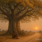 Young Lenje boy resting beneath the ancient Talking Baobab near Mumbwa as magical leaves whisper through its branches.