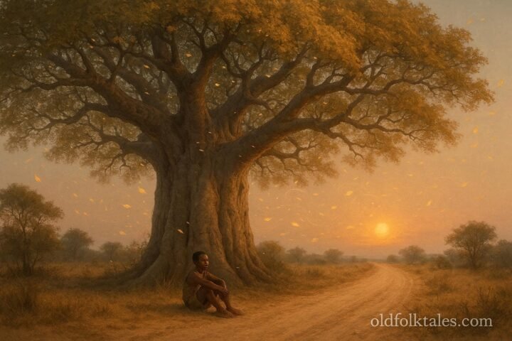 Young Lenje boy resting beneath the ancient Talking Baobab near Mumbwa as magical leaves whisper through its branches.