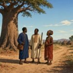 Three Wolof travelers standing beneath a giant baobab tree at the famous crossroads of Tangana in a traditional Gambian landscape.