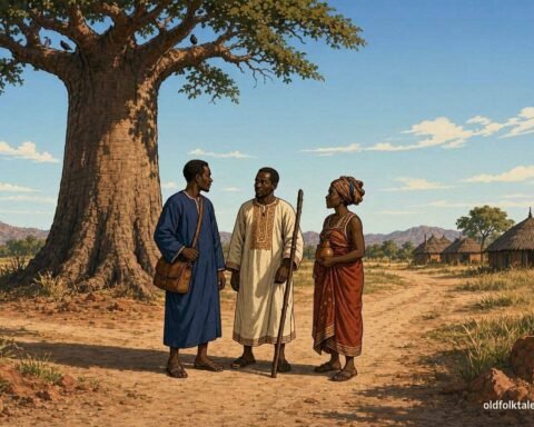 Three Wolof travelers standing beneath a giant baobab tree at the famous crossroads of Tangana in a traditional Gambian landscape.
