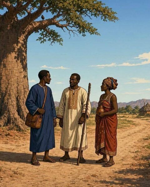 Three Wolof travelers standing beneath a giant baobab tree at the famous crossroads of Tangana in a traditional Gambian landscape.