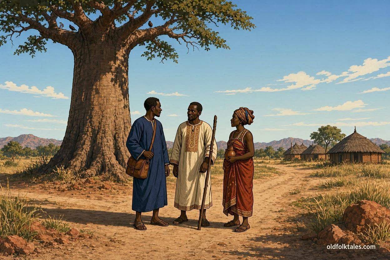 Three Wolof travelers standing beneath a giant baobab tree at the famous crossroads of Tangana in a traditional Gambian landscape.