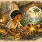 Parchment style illustration of a young Seychellois villager discovering a hidden cave filled with ancient treasure.
