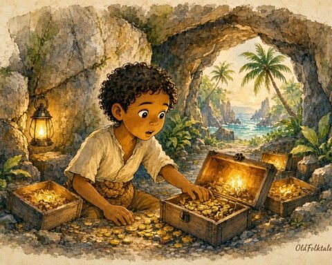 Parchment style illustration of a young Seychellois villager discovering a hidden cave filled with ancient treasure.