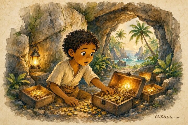 Parchment style illustration of a young Seychellois villager discovering a hidden cave filled with ancient treasure.
