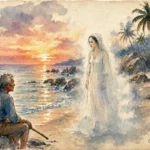Parchment-style illustration of a mysterious woman disappearing into sea mist as a fisherman watches on a Seychellois shore.