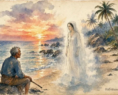 Parchment-style illustration of a mysterious woman disappearing into sea mist as a fisherman watches on a Seychellois shore.