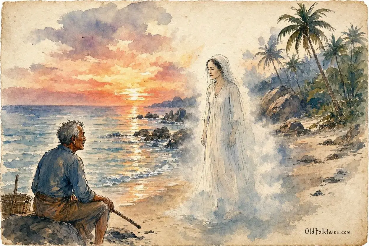 Parchment-style illustration of a mysterious woman disappearing into sea mist as a fisherman watches on a Seychellois shore.