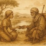 Parchment-style illustration of Ladi sharing water with an elderly traveler beside a spring in a Hausa folktale from Northern Nigeria.