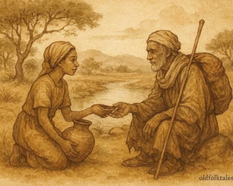 Parchment-style illustration of Ladi sharing water with an elderly traveler beside a spring in a Hausa folktale from Northern Nigeria.