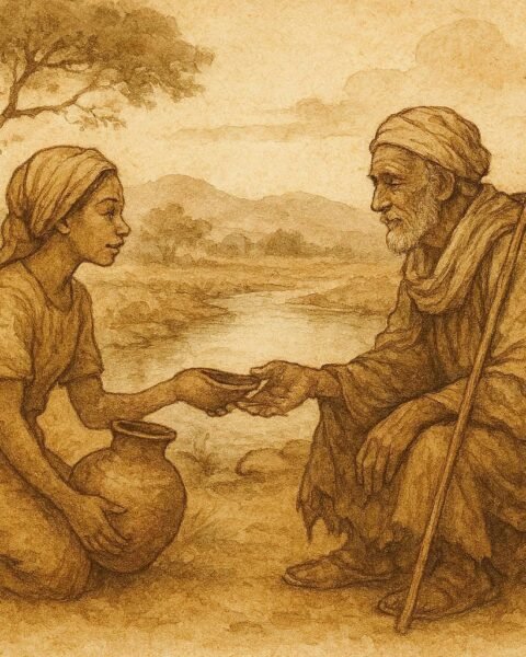 Parchment-style illustration of Ladi sharing water with an elderly traveler beside a spring in a Hausa folktale from Northern Nigeria.