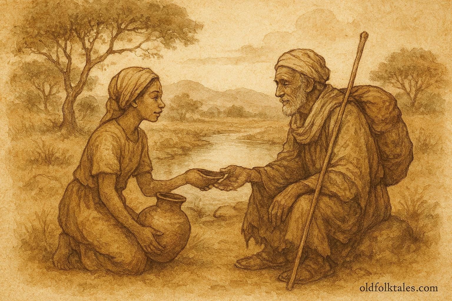 Parchment-style illustration of Ladi sharing water with an elderly traveler beside a spring in a Hausa folktale from Northern Nigeria.