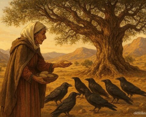A poor widow offers barley cakes to seven ravens beneath an ancient argan tree in the mountains of southern Morocco.
