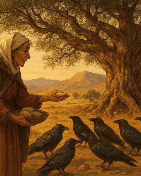 A poor widow offers barley cakes to seven ravens beneath an ancient argan tree in the mountains of southern Morocco.