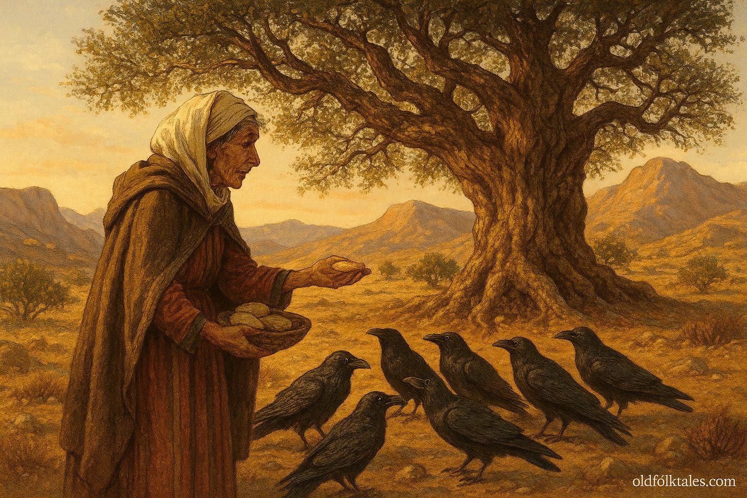 A poor widow offers barley cakes to seven ravens beneath an ancient argan tree in the mountains of southern Morocco.
