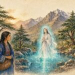 Parchment style illustration of an Amazigh woman meeting the guardian spirit of a sacred mountain spring in the Atlas Mountains.