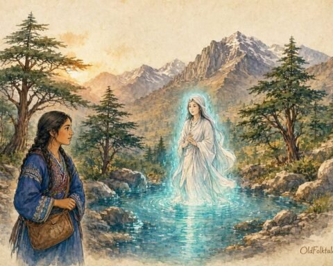 Parchment style illustration of an Amazigh woman meeting the guardian spirit of a sacred mountain spring in the Atlas Mountains.