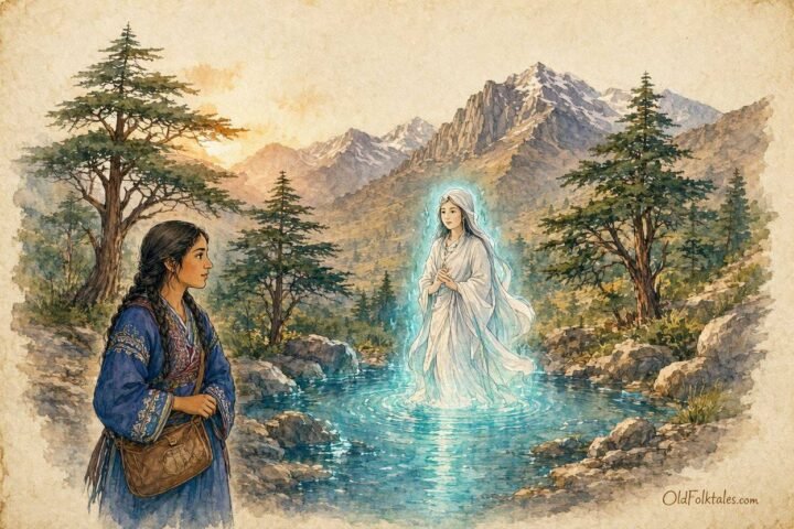 Parchment style illustration of an Amazigh woman meeting the guardian spirit of a sacred mountain spring in the Atlas Mountains.