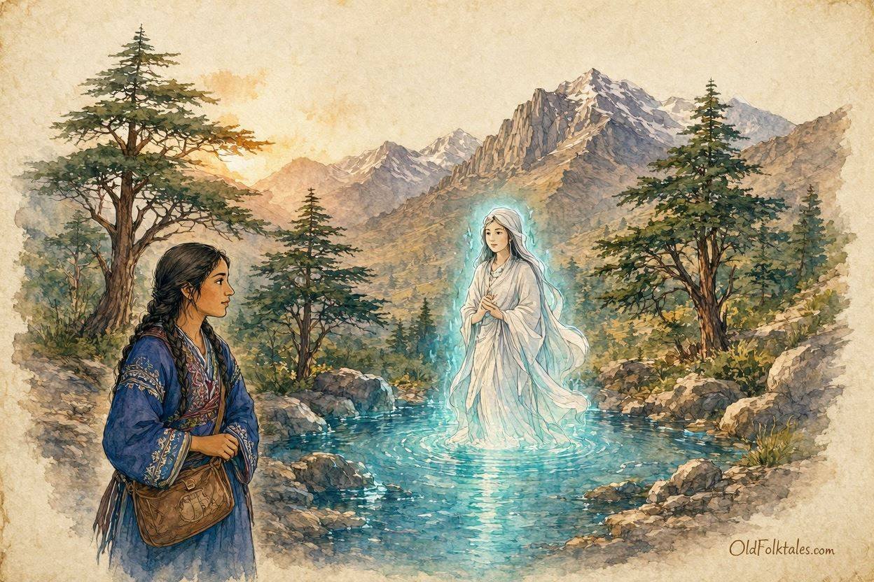 Parchment style illustration of an Amazigh woman meeting the guardian spirit of a sacred mountain spring in the Atlas Mountains.