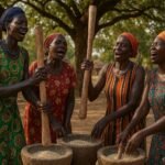 Dinka and Bari women singing while grinding grain in a traditional South Sudanese village.