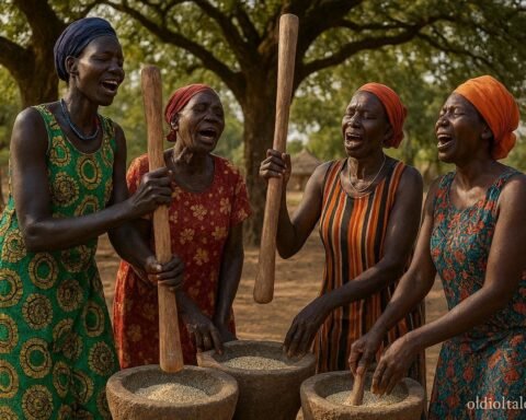 Dinka and Bari women singing while grinding grain in a traditional South Sudanese village.
