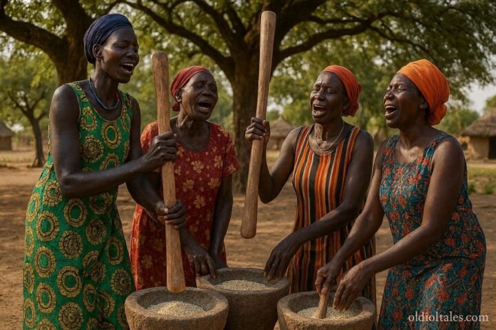 Dinka and Bari women singing while grinding grain in a traditional South Sudanese village.