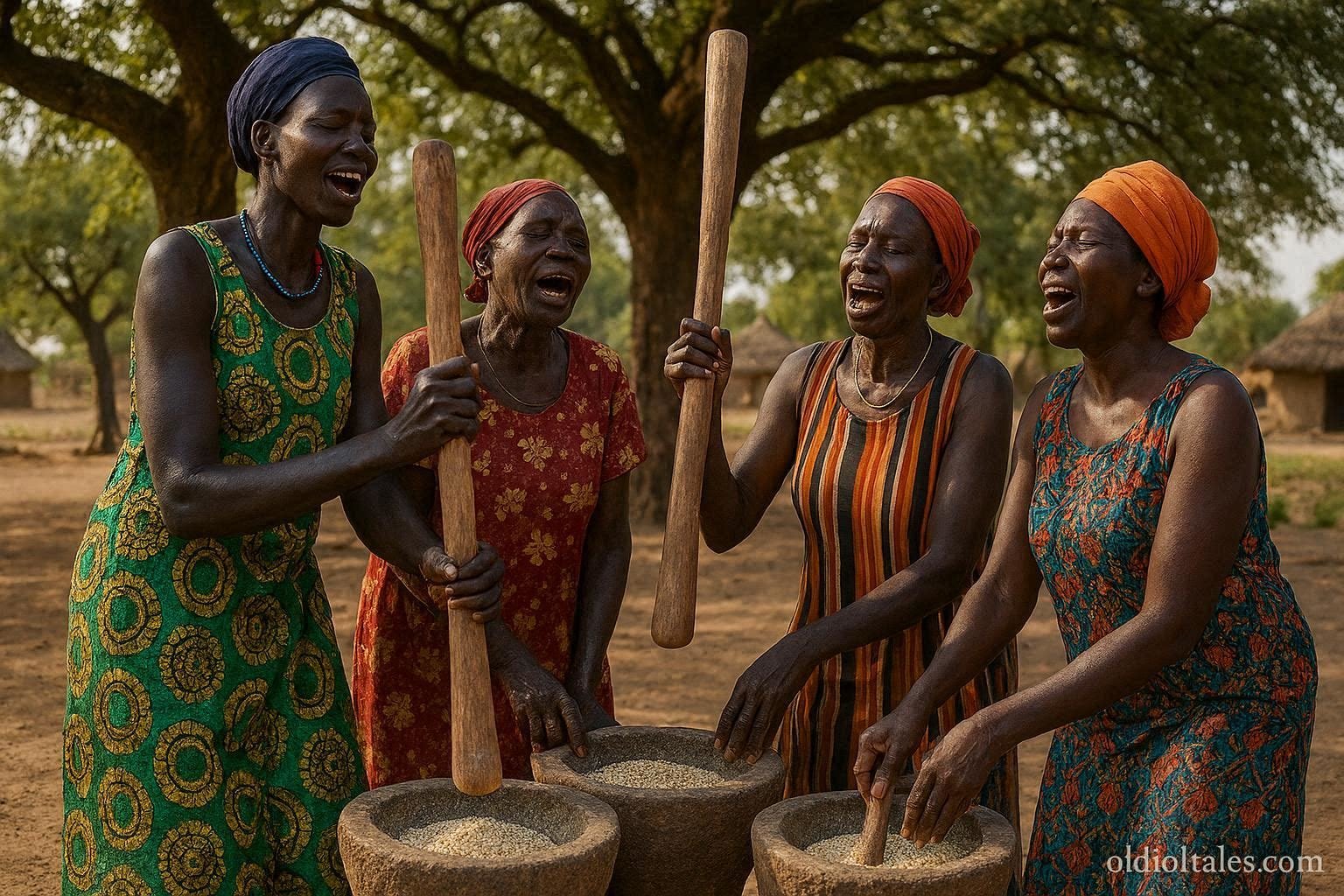 Dinka and Bari women singing while grinding grain in a traditional South Sudanese village.