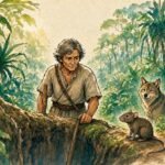 Parchment style illustration of Tizan and a clever rat outsmarting a wolf in a lush Seychellois forest.