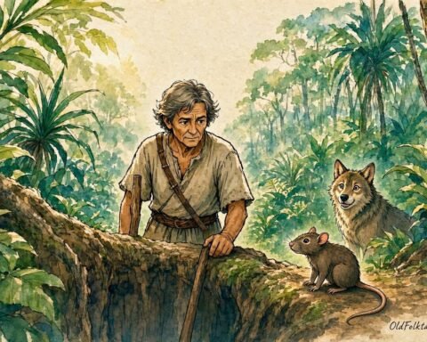 Parchment style illustration of Tizan and a clever rat outsmarting a wolf in a lush Seychellois forest.