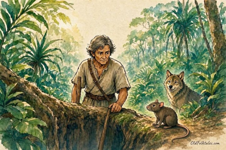 Parchment style illustration of Tizan and a clever rat outsmarting a wolf in a lush Seychellois forest.