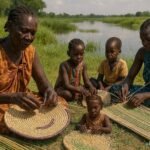 Shilluk and Nuer women weaving traditional reed baskets beside the Nile in South Sudan.