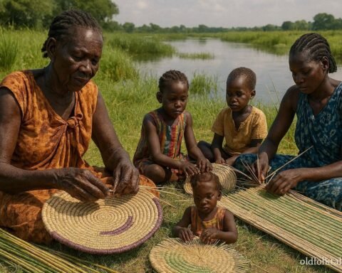 Shilluk and Nuer women weaving traditional reed baskets beside the Nile in South Sudan.