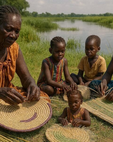 Shilluk and Nuer women weaving traditional reed baskets beside the Nile in South Sudan.