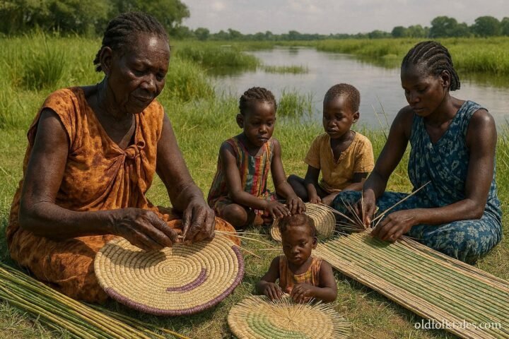 Shilluk and Nuer women weaving traditional reed baskets beside the Nile in South Sudan.