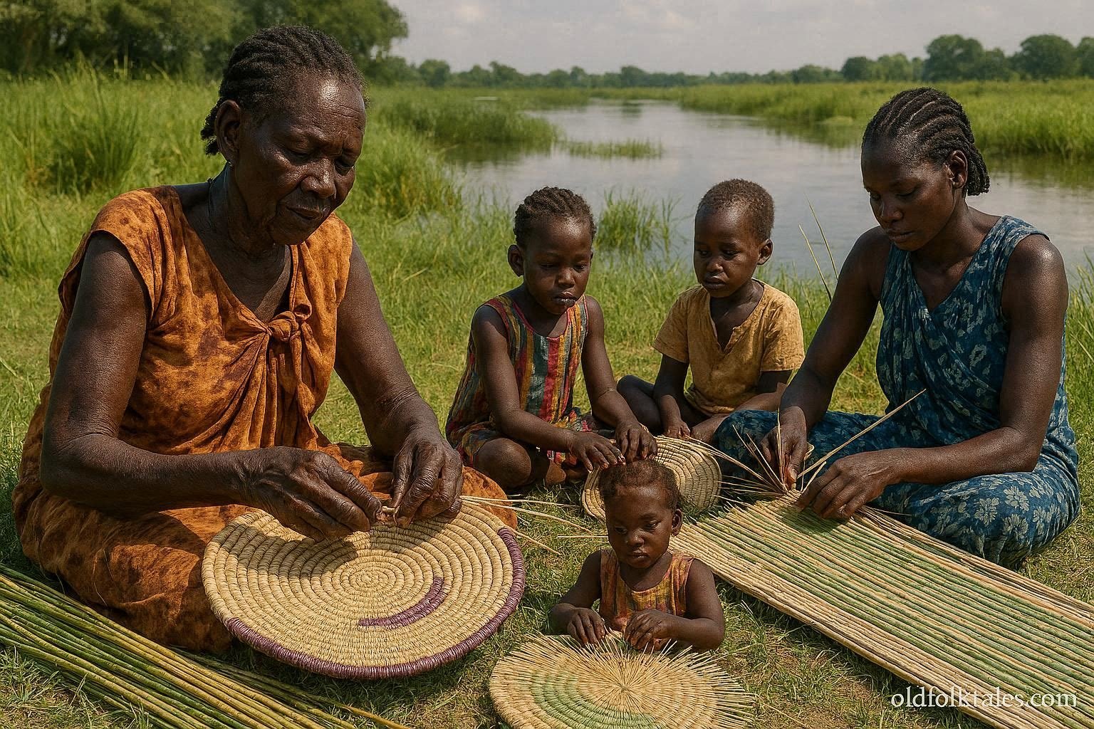 Shilluk and Nuer women weaving traditional reed baskets beside the Nile in South Sudan.