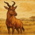 Parchment-style illustration of a tearful hartebeest on the Northern Nigerian savannah in a traditional Hausa folktale.