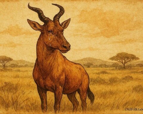Parchment-style illustration of a tearful hartebeest on the Northern Nigerian savannah in a traditional Hausa folktale.