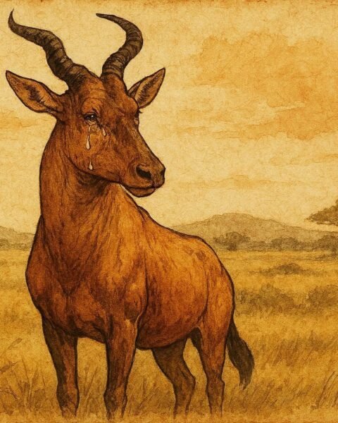 Parchment-style illustration of a tearful hartebeest on the Northern Nigerian savannah in a traditional Hausa folktale.
