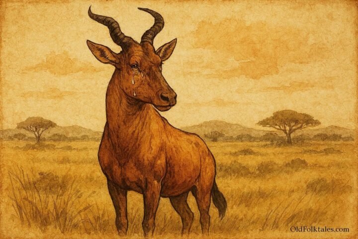 Parchment-style illustration of a tearful hartebeest on the Northern Nigerian savannah in a traditional Hausa folktale.