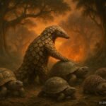 A brave pangolin leads small forest animals away from a wildfire in a Central African rainforest.